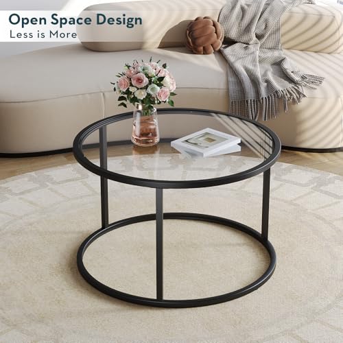 SAYGOER Small Glass Coffee Table Round Coffee Tables 27.6In Modern Tempered Glass-Top Accent Center Table for Living Room ...