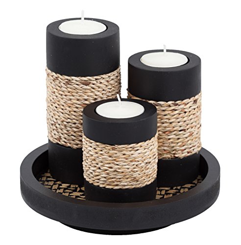 IYARA CRAFT Tealight Candle Holders with Tray – Set of 3 Rustic Black Wooden Candle Holders with Natural Rope Accent, Cozy...