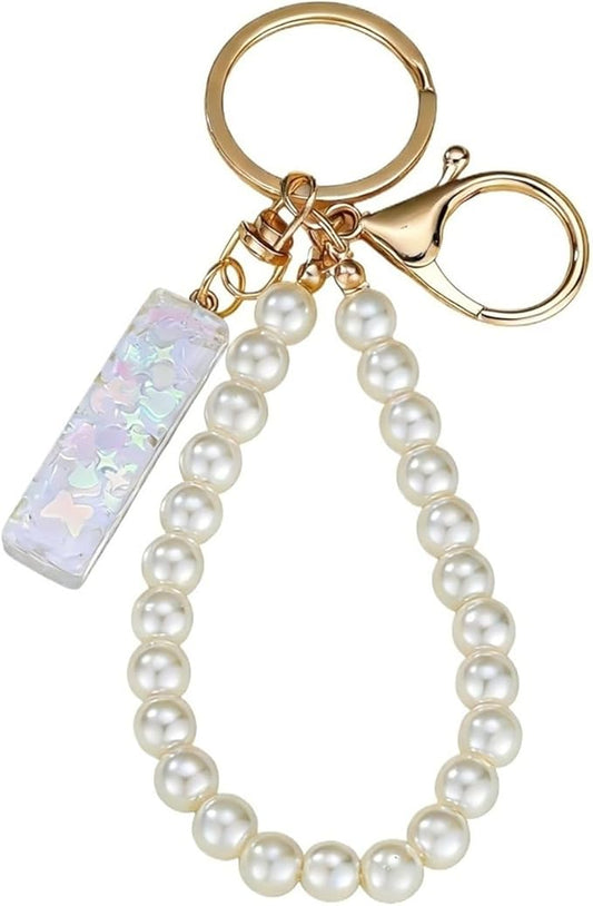 ZGHQHCDRH Pearl Strand & Custom Resin Letter Keychain, A-Z Glitter Initial Pendant, Sweet Bag Charm Gift For Her
