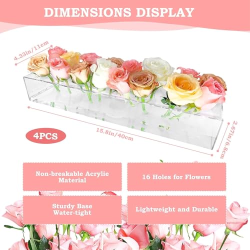 4Pcs Acrylic Flower Vase with 64 Holes,63 inch Decorative Long Clear Vase Modern,Rectangular Acrylic Vases Clear Floral Ce...