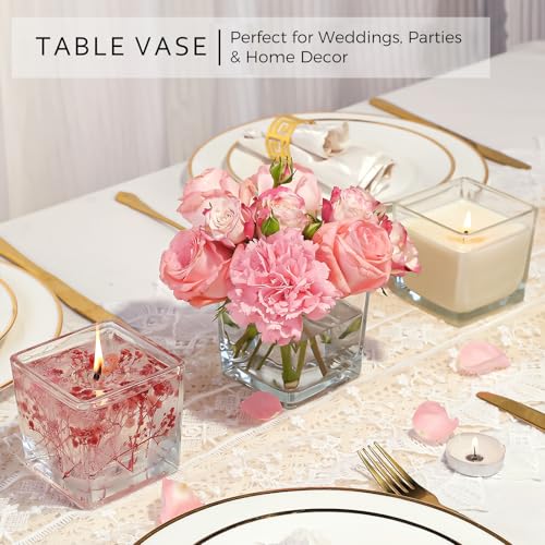 CONNOO 12 Pack Square Glass Vase 3" x 3" x 3", Clear Bulk Flower Vases for Centerpieces, Square Glass Cube Vase Floating C...