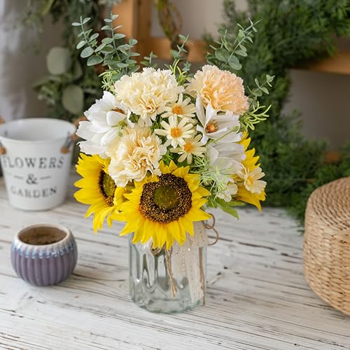 LUEUR Fake Flowers Artificial Sunflowers with Vase, Faux Silk Carnation,Daisy Flowers for Home Office Decorations, Kitchen...