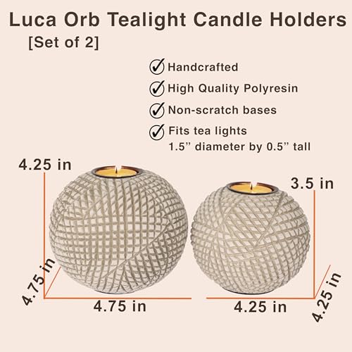 Luca Orb Tea Light Candle Holders (Gift Boxed Set of 2) Grid Pattern, Beige and White