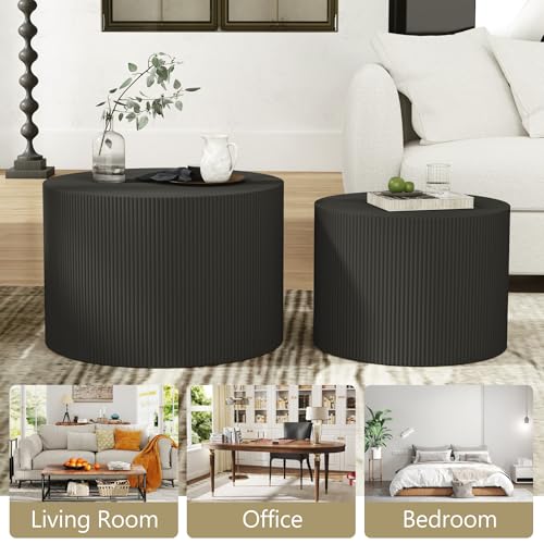 Furnivado Black Round Coffee Table Set of 2, Modern Wooden Nesting Coffee Tables for Living Room, No Assembly Required Cir...