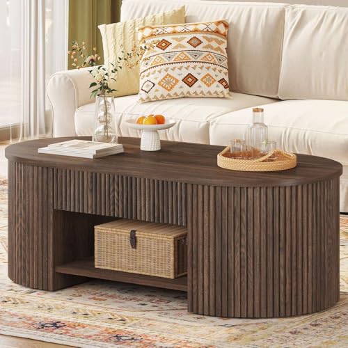 FATORRI Coffee Table with Storage, Mid Century Modern Wood Fluted Center Table with Shelf, Oval Coffee Tables with Drawer...