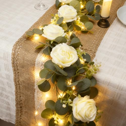 Solivya 2 Pack 5.9 FT Artificial Flower Garland with Lights, Fake Floral Garland with 12 White Roses, White Flower Decorat...