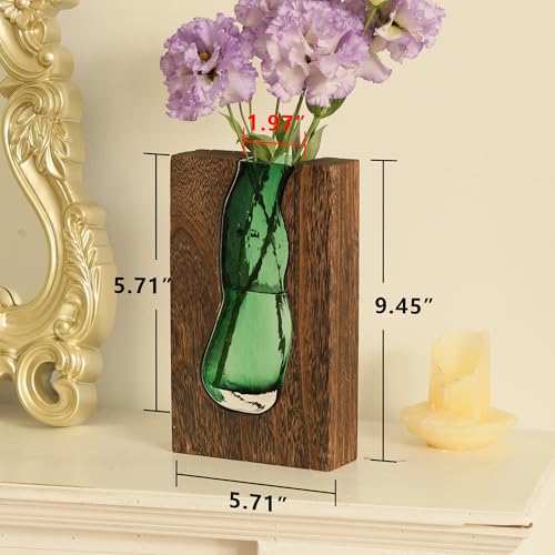Wood and Glass Inlay Vases Farmhouse Wooden Glass Flower Vase Solid Wood Glass Vase Home Decor Vases for Centerpiece (9.45...