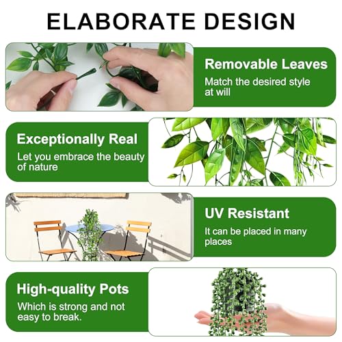 USLAI Artificial Hanging Plants Vine, Fake Potted Greenery Faux Eucalyptus, Mandala, String of Pearls, Pea Pod Leaves in P...