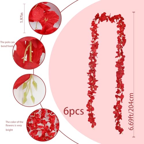 ACRYCS 6 Pcs Wisteria Flower Garlands Red Artificial Wisteria Hanging Flowers 6.7 Feet Silk Flowers Vines Hydrangea Garlan...