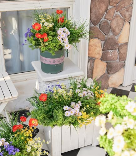 Clycaloor 23Pcs Outdoor Artificial Boxwood UV Resistant Fake Stems Plants, Faux Plastic Greenery for Indoor Outside Hangin...