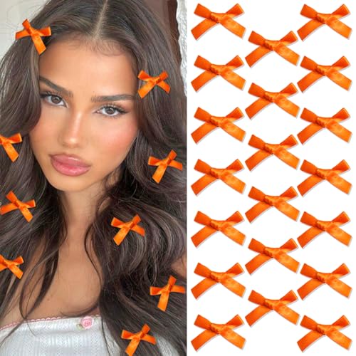SAWINDA 20Pcs Mini Orange Bow Hair Clips Cute Hair Bows Silk Satin Bows for Hair Small Bowknot Ribbons Barrettes Metal All...
