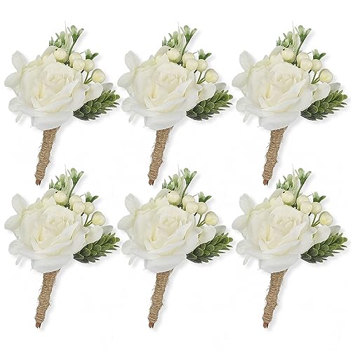 Rinlong 6Pcs White Green Boutonniere for Men Wedding with Pins Groom Boutonnieres Homecoming Prom Boutonniere