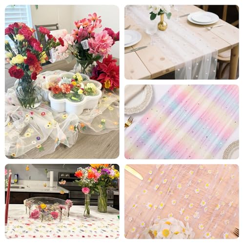 SAJOO 10ft White Embroidery Daisy Tulle Table Runner 120 Inch Floral Table Runners Summer Sheer for Kitchen Dining Easter ...