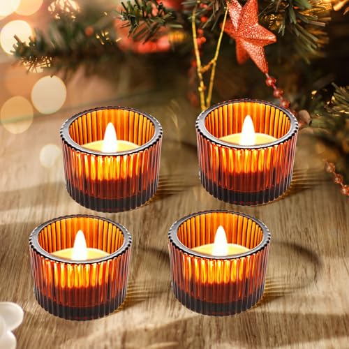 JOYIT Amber Votive Candle Holders Bulk Set of 4, Tealight Candle Holder for Wedding Table Centerpiece, Glass Small Candle ...