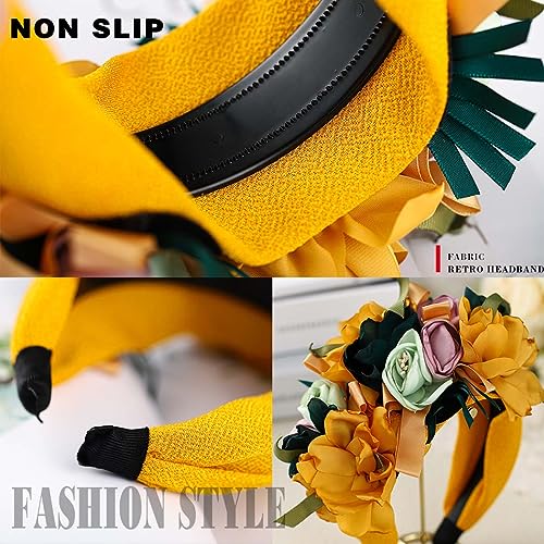 Coridy Flower Headbands for Women Boho Yellow Floral Headband Wide Autumn Wedding Hairband statement Hair Accessories(Yellow)