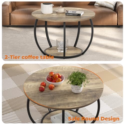 GreenForest Round Coffee Table with 2-Tier Open Storage, 27.6 inch Small Circle Coffee Tables with Adjustable Feet, Modern...