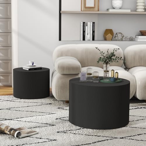 Furnivado Black Round Coffee Table Set of 2, Modern Wooden Nesting Coffee Tables for Living Room, No Assembly Required Cir...
