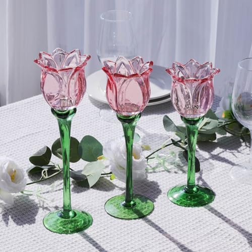VOHO Pink Tulips Candle Holder, Romantic Pink Flower Votive Candle Holders for Wedding Bridal Shower Decorations, Tall Tea...