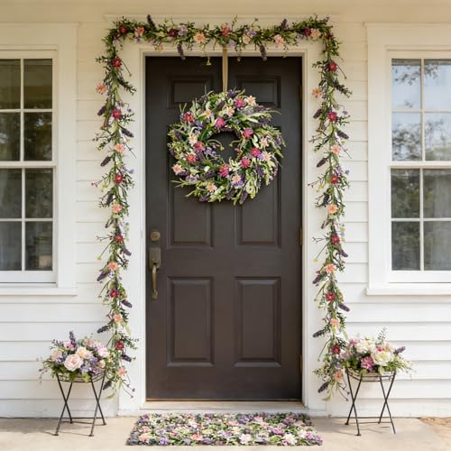 idyllic 6ft 2PCS Spring Pink Lavender Vine Garland Artificial Flower Decor for Front Door Mantel Table Stair Railing Windo...
