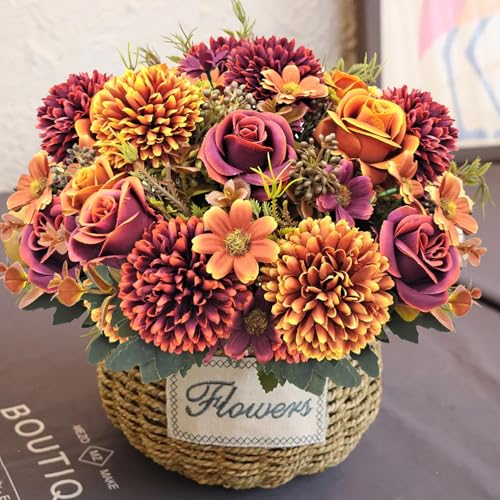 Guagb 3 Pcs Fall Flowers Artificial Mums Silk Chrysanthemum Rose Daisy Bouquet Fake Mum Faux Floral Arrangements Home Indo...