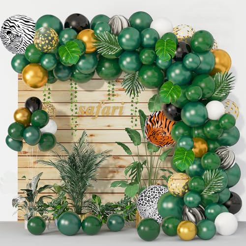 Amandir 152Pcs Jungle Safari Balloon Garland Arch Kit, Gold Dark Green Animal Balloons Artificial Tropical Palm Leaves Dec...