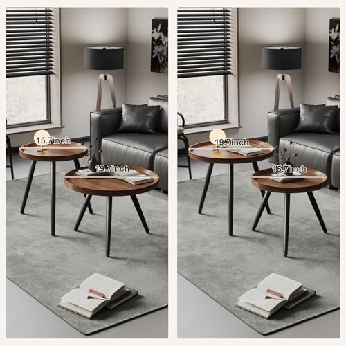 2 PCS Small Round Coffee Table Set, Mid Century Modern Coffee Tables for Living Room, Walnut Nesting Tables for Small Spac...