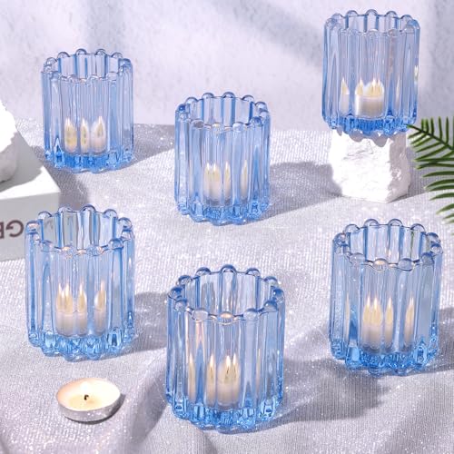 HAVITI 6 PCS Votive Candle Holder, Blue Glass Candle Holders, Tealight Candle Holder for Wedding Centerpieces Dinner Party...
