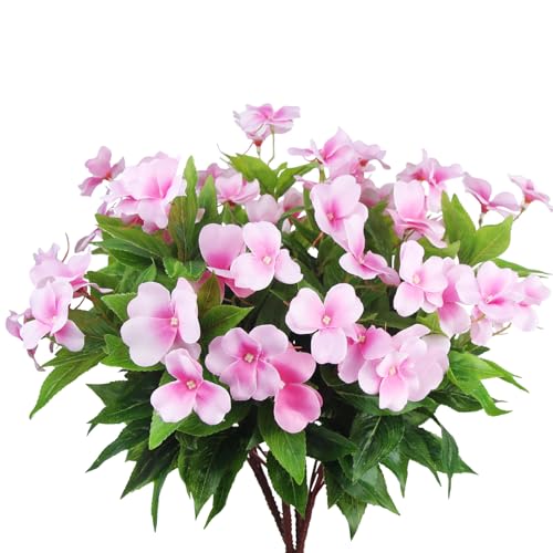CITYES 4 Pcs Artificial Flowers Outdoor Impatiens UV Resistant Silk Impatiens Flowers Pink Faux Flowers Impatiens Bushes A...