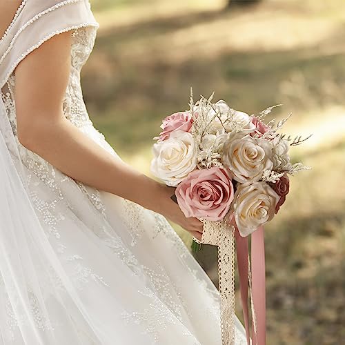 LEIFENY Wedding Bouquets for Bride, Champagne White & Pink Bridal Bridesmaid Wedding Flowers, Artificial Toss Rose for Civ...