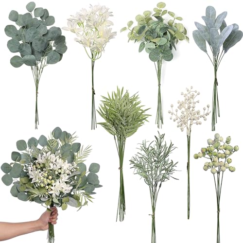 FOTEEWL 75 Pcs Artificial Greenery Stems Box Set,with 8 Kinds of Faux Plants and Fake Flowers for DIY Bridal Bouquets Wedd...