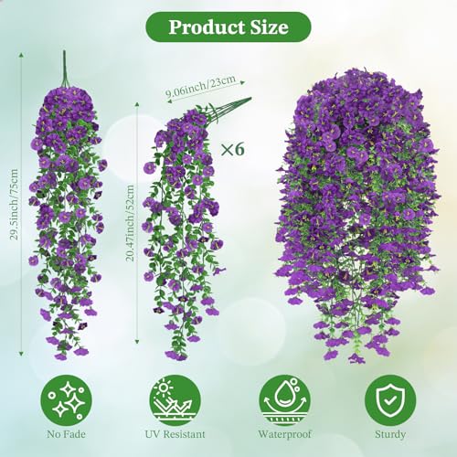 Artificial Hanging Flowers for Outdoors, 6 PCS Silk Morning Glory Artificial Flowers with Eucalyptus Leaves, UV Resistant ...