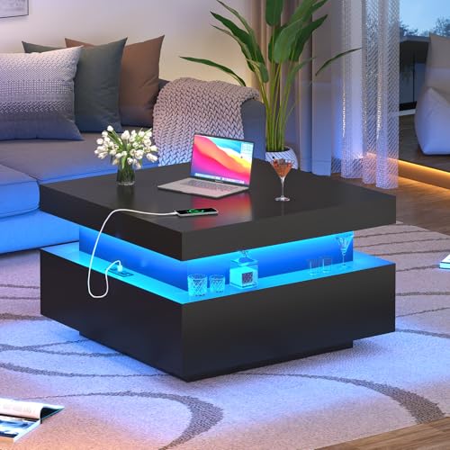 31.5" Square Coffee Table with Sliding Top and Charging Station, Black Coffee Tables with LED Lights and Storage Drawer fo...