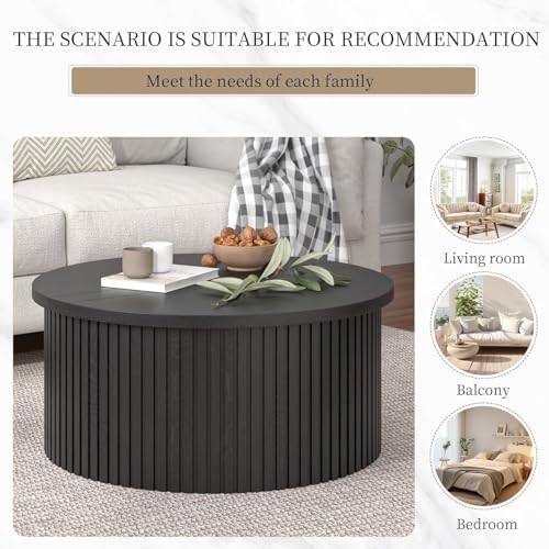 Fsbecl Fluted Lift Top Coffee Table with Hidden Storage, 31.6 Inch Round Coffee Tables for Living Room, Modern Circle Wood...