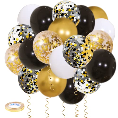 Zesliwy Black Gold Confetti Balloons 50 pack - 12 Inch Gold White and Black Confetti Balloons with Ribbons for Graduation ...