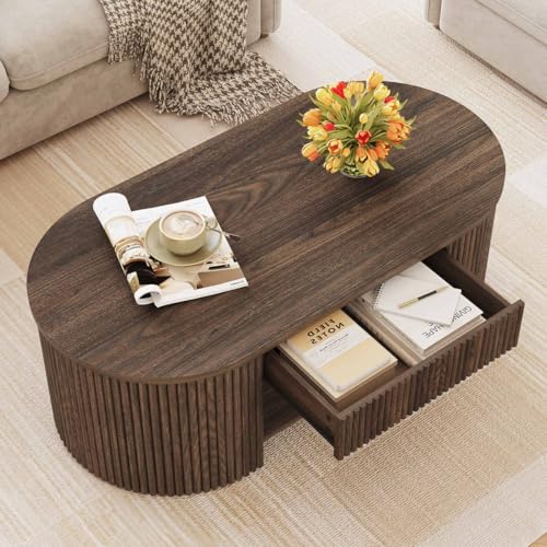 FATORRI Coffee Table with Storage, Mid Century Modern Wood Fluted Center Table with Shelf, Oval Coffee Tables with Drawer...
