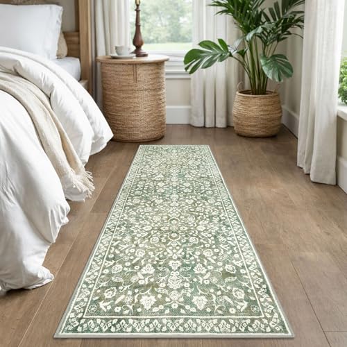 SILOLOOM Vintage Washable Runner Rug 2x6, Sage Green Beige Runners for hallways, Super Soft Kitchen Runner Rug Non Slip, P...