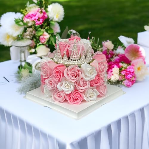 EIGHTOWN Forever Cake with Pink Preserved Flowers - Bouquet Preserved Roses for Women - Birthday Gift for Her with Crown (...