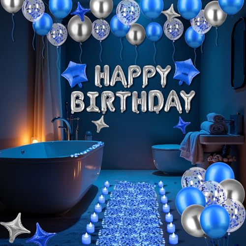 Blue Happy Birthday Balloons Decorations Royal Blue Silver Birthday Balloons Letters Banner 6 Pcs Star Balloons Blue Artif...