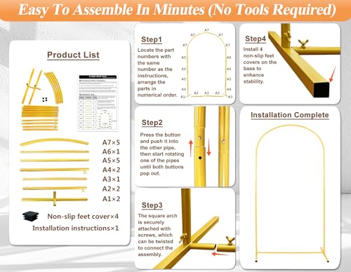 7.2FT Adjustable Wedding Balloon Gold Metal Arch Backdrop Stand, Tool Free Assembly Arch Frame for Birthday Flower Party B...