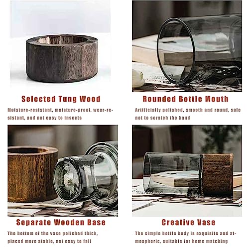 Artistic Wood Glass Vase, 10" H, Wooden Base Cylindrical Flower Vase, Classic Boho Rustic Style for Fireplace Bedroom Kitc...