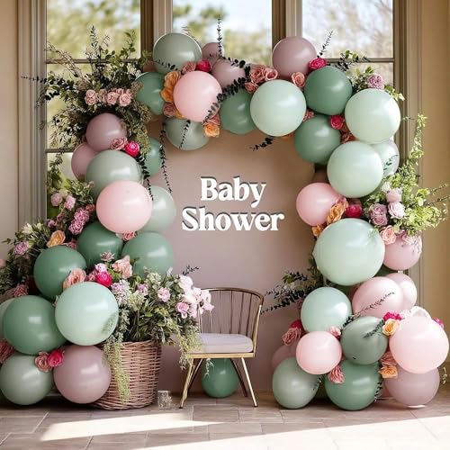 Pink Green Balloon Arch with Artificial Flowers Double Stuffed Dusty Light Pink Sage Green Balloon Garland Kit Eucalyptus ...