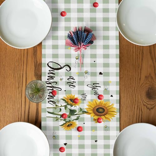 You are My Sunshine Table Runner 90 Inches Long, Vintage Yellow Sunflower Floral Bees Sage Green Plaid Table Runners Washa...
