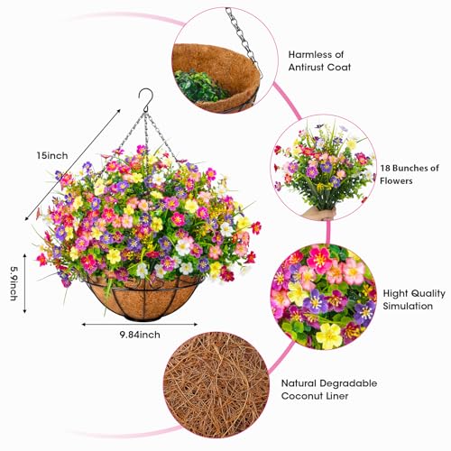 Ouddy Decor Artificial Hanging Flowers with Basket, Faux Silk Flowers in Coconut Lining Basket, Spring Summer Outdoor Deco...