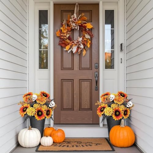 NAHUAA 2Pcs Fall Flowers Artificial Halloween Flowers 20Inch Fake Sunflowers with Silk Marigold Roses Skulls Decor for Hal...
