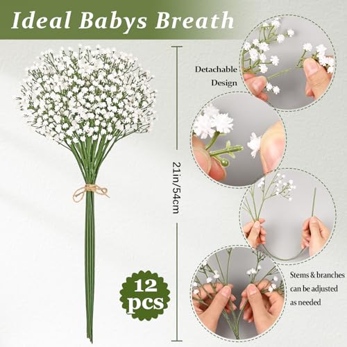 Artflower Babys Breath Artificial Flowers, 12Pcs Baby Breath Flowers Artificial Bulk, Fake White Gypsophila Babies Breath ...