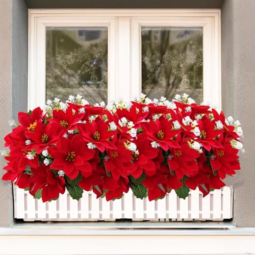 MATBAR Christmas Artificial Flowers for Outdoors Red Poinsettia Flowers Artificial 12 Bundles Mixed UV Resistant Faux Flow...