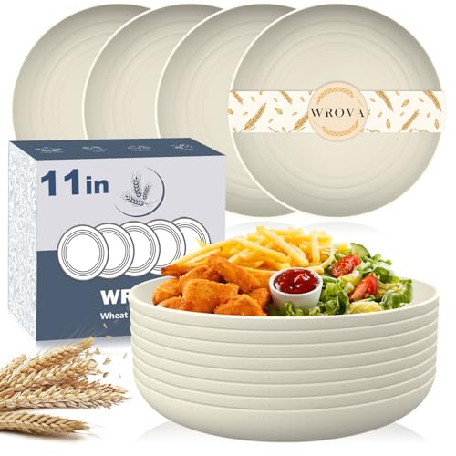 Wrova Large Wheat Straw Dinner Plates - 11 Inch Set of 8 - Unbreakable, Dishwasher & Microwave Safe - Deep Edge for Kitche...