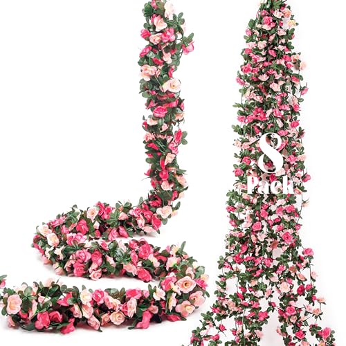 Miracliy 8Pcs 66FT Pink Flower Garland, Artificial Rose Floral Vines Fake Hanging Spring Flower Garland for Wall Backdrop ...
