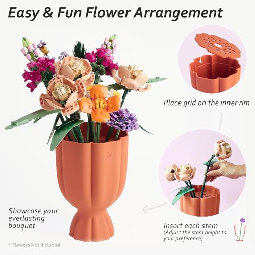 Bouquet Vase for Lego & Crafted Flowers - Flower Arrangement Vase with Floral Grid & Ribbons, Impact Resistant, BPA-Free A...