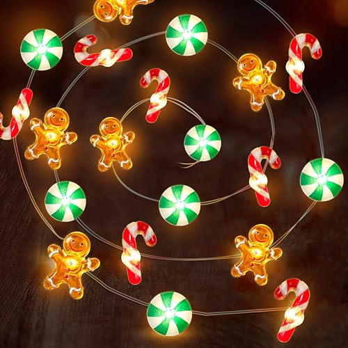 [Timer] 10 FT 30 LED Christmas String Lights Decorations Gingerbread Man Candy Cane Candy Fairy Lights Battery Operated Ch...